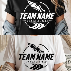 May include: Black and white t-shirts featuring a track and field design. The design includes a running shoe with wings inside a circle, the words "TEAM NAME" and "TRACK & FIELD", and a curved track graphic. The shirts are short-sleeved.