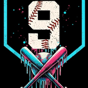 Peut inclure: Graphique sur le thème du baseball sur fond noir. Un chiffre 9 blanc est centré, avec un design de baseball. Des battes de baseball roses et bleues croisées sont en dessous du chiffre, avec une balle de baseball au milieu. Le design a un effet de peinture dégoulinante.