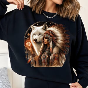 Guerrero nativo americano, lobo y luna SVG PNG, diseño de sublimación de tocado de plumas bohemio, clipart tribal rústico de acuarela, mujer indígena