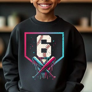 May include: Black sweatshirt with a graphic of a baseball diamond, a baseball, two crossed bats, and the number 6. The graphic is in pink, blue, and white.