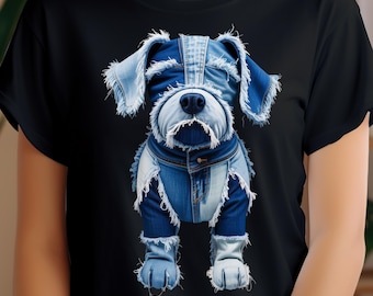 Dog Pattern Denim Patchwork Art PNG | Cute Fabric Dog Clipart Png | Rustic Blue Jean Dog Illustration for Crafts & Sublimation Png
