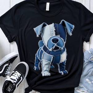 Arte em patchwork jeans com estampa de cachorro PNG | Cachorro fofo de tecido clipart | Ilustração rústica de cachorro jeans azul para artesanato e sublimação