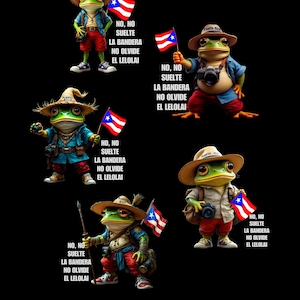 Puede incluir: Ilustración digital con varios personajes de ranas que llevan sombreros y banderas de Puerto Rico. Cada rana está vestida con diferentes atuendos y se muestra el texto "NO, NO SUELTE LA BANDERA NO OLVIDE EL LELOLAI".