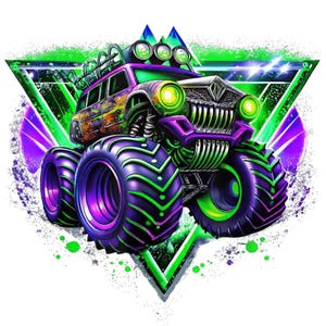 Pode incluir: Um caminhão monstro roxo e verde com pneus grandes e faróis, sobre um fundo de triângulo verde e roxo com um efeito de tinta salpicada.