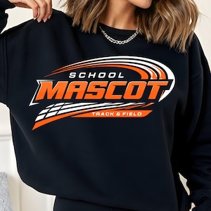 May include: Black sweatshirt with the words "SCHOOL MASCOT TRACK & FIELD" in orange and white lettering. The design features a stylized graphic with curved lines and a checkered pattern, creating a sporty aesthetic.