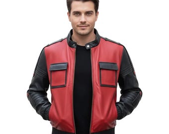 Back To The Future Jacket - Marty McFly 80s Sci-Fi Inspired Red & Black Faux Leather Jacket - Unisex Bomber Jacket, Comic Con Outfit