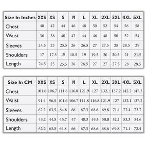 May include: A white chart with black text detailing garment measurements in inches and centimeters. Measurements include chest, waist, sleeves, shoulders, and length, ranging from XXS to 5XL.
