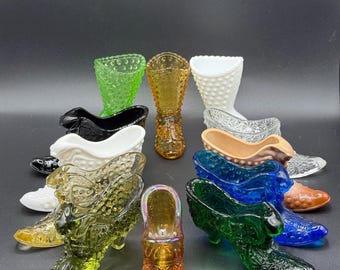 Vintage Glass Shoe Collection – Fenton & LE Smith Slippers, Boots, Hobnail / Carnival / Daisy Pattern – Choose Color