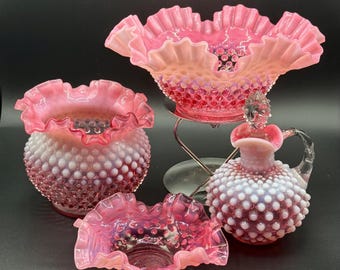 Fenton Cranberry Opalescent Hobnail – Choose Your Vessel | Ruffled Rose Bowl, Cruet, Bon Bon Dish | Vintage Witchy Altar Glass Decor