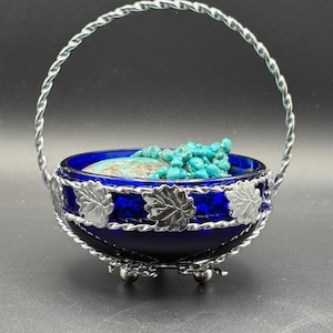 Cobalt Blue Chrome Base Glass Dish with Handle Jam Jelly Condiment Server