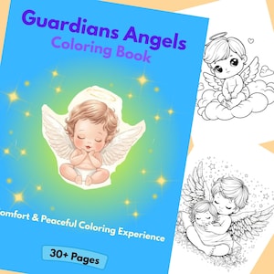 Puede incluir: Un libro para colorear azul titulado "Guardians Angels Coloring Book" con una ilustración de un querubín con alas. El libro también incluye el texto "Comfort & Peaceful Coloring Experience" y "30+ Pages".