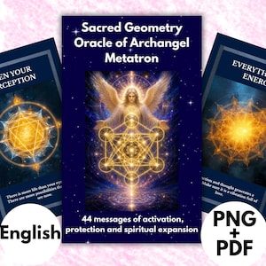 May include: Three rectangular oracle cards with dark blue borders. The center card features an angel with wings and a golden geometric symbol. The left card reads OPEN YOUR PERCEPTION, and the right card reads EVERYTHING IS ENERGY.