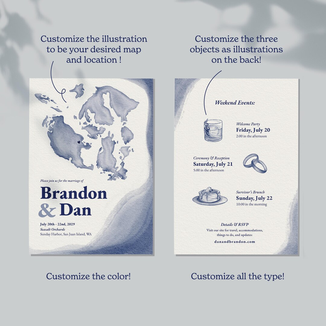 Personalized Map and Custom Illustrations Wedding Invitation, Digital ...