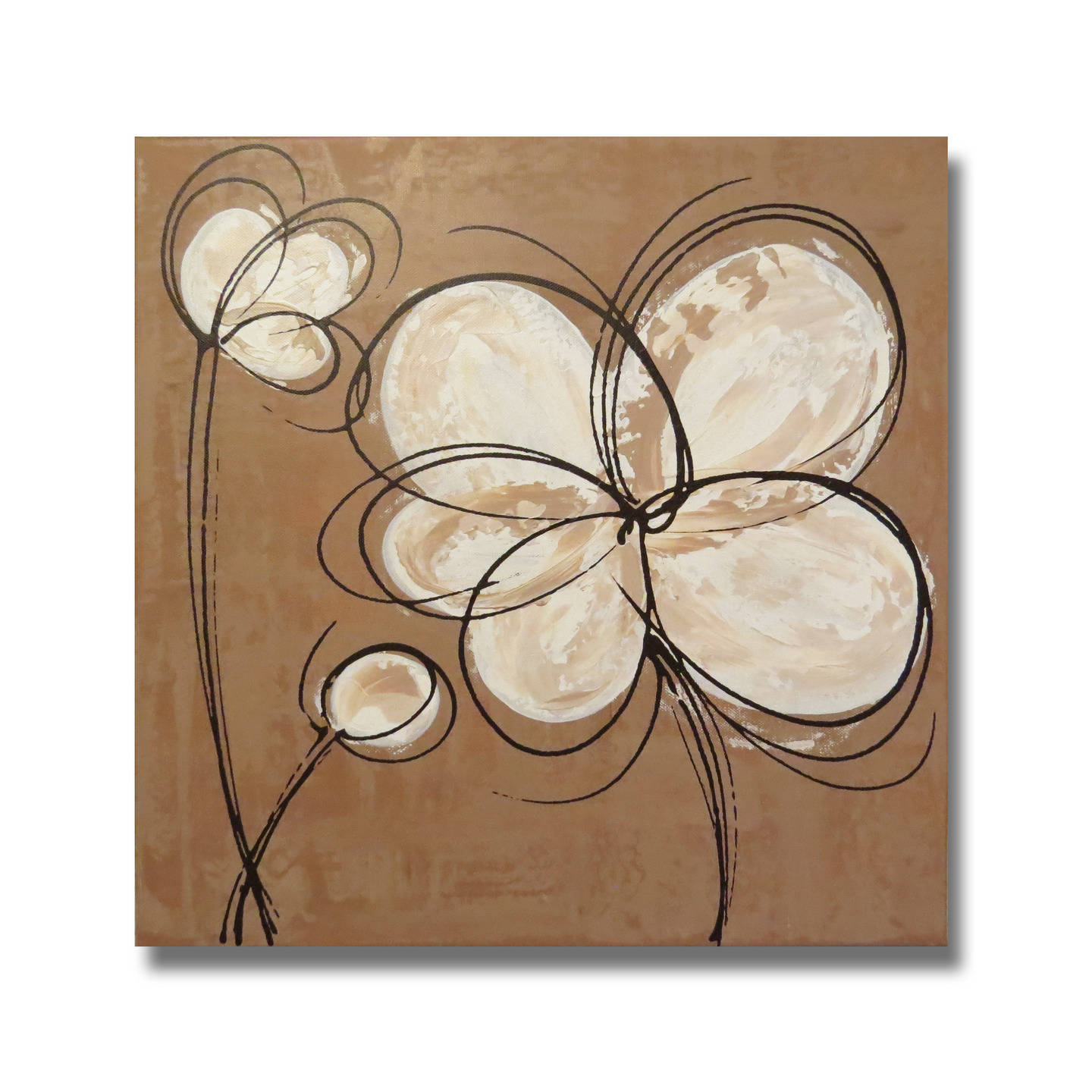 Tableau Carré Toile Fleur Marron Beige Blanc Taupe