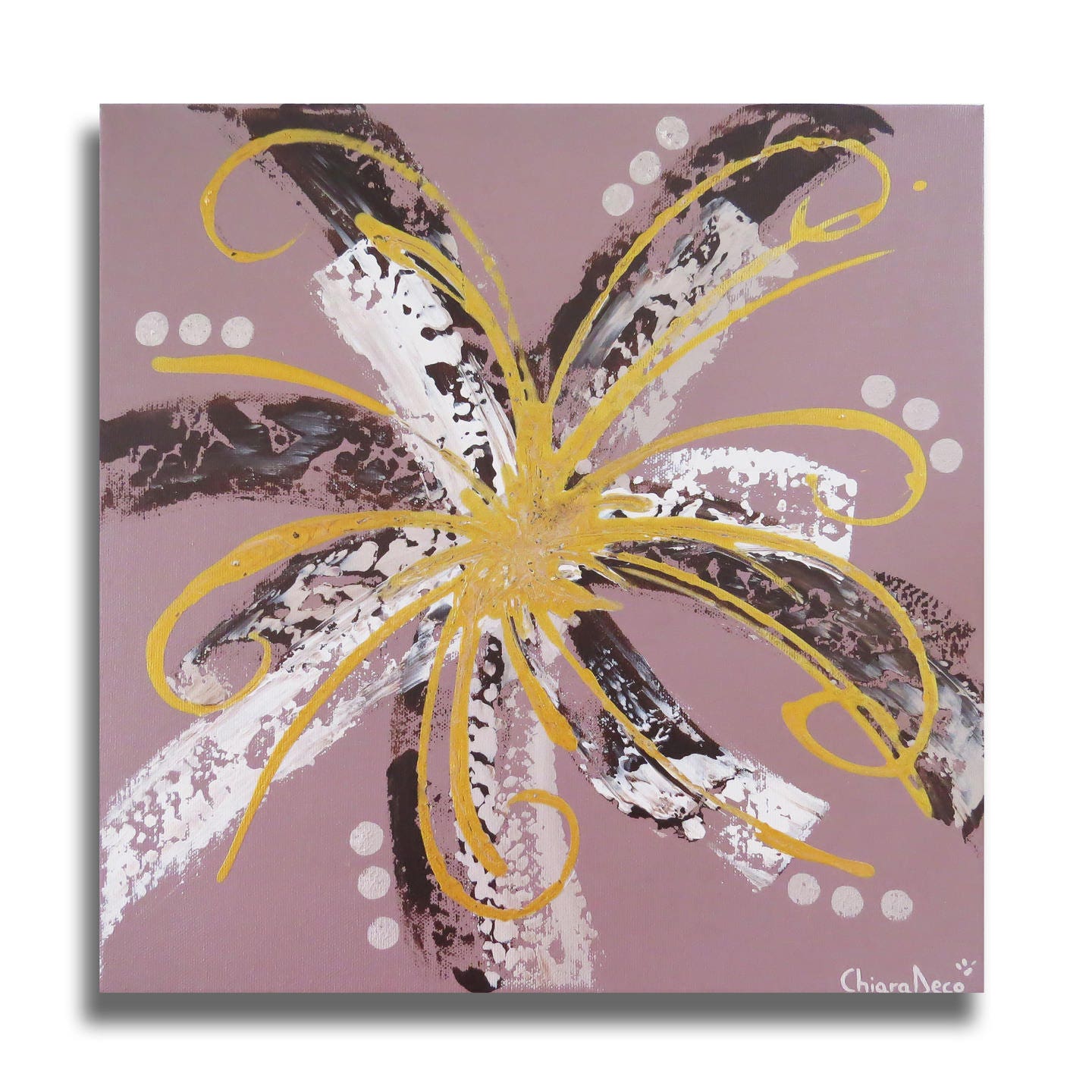 Tableau Carré Toile Fleur Marron Beige Blanc Doré Taupe