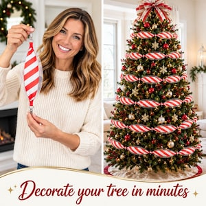 May include: A red and white striped fabric garland segment with metal clips at both ends, shown being held and then displayed as a continuous decorative spiral chain wrapped around a full green Christmas tree with gold and red ornaments.