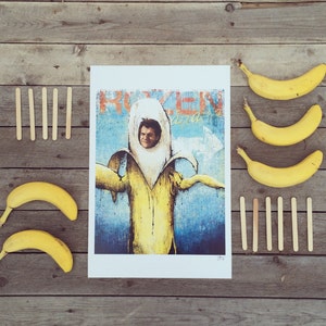 May include: A colorful painting of a person dressed as a banana. The person is wearing a yellow banana costume with a blue background. The painting is titled "Royzen Banana".