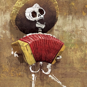 Póster con estampado artístico de alta calidad de 12 x 18 de la calavera del acordeonista del Día de los Muertos