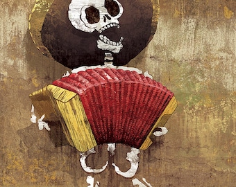 May include: A white skeleton wearing a large brown sombrero plays a red accordion. The skeleton is singing with its mouth open. The background is a textured brown surface.