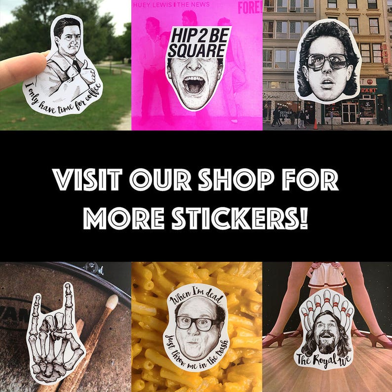 May include: A collection of nine stickers featuring various designs, including a hand with a rock and roll hand gesture, a man with a mustache and glasses, and a man with a crown. The stickers are printed on white paper and have black ink.