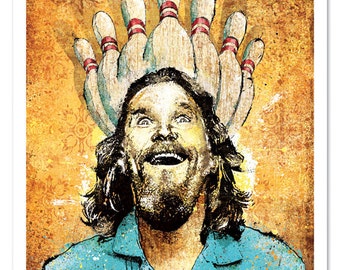 Big Lebowski's Enlightenment Through Bowling - 12x18 signed and dated art print poster