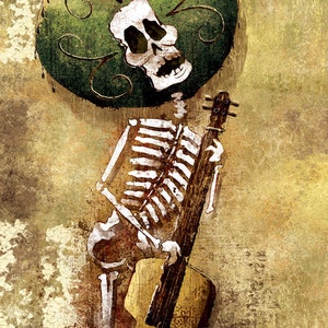 Póster de impresión artística firmado y fechado de 12 x 18 de Calavera Bassist del Día de los Muertos