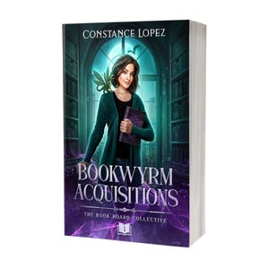 May include: A book cover for "Bookwyrm Acquisitions" by Constance Lopez. The cover features a woman in a green cardigan holding a book, with a small dragon on her shoulder. The title is in large white letters with a purple background.
