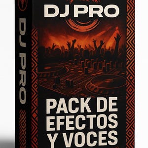 Puede incluir: Una caja negra con las palabras "DJ PRO" en blanco. La caja presenta un gráfico de una configuración de DJ con una multitud y el texto "PACK DE EFECTOS Y VOCES" en blanco. La caja tiene un logotipo de palmera.