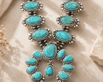 Turquoise Squash Blossom Necklace, Western Double Strand Beaded Necklace, Natural Stone Statement Necklace, Navajo Style Jewelry