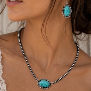 Vintage Turquoise Jewelry Set, Navajo Bead Necklace and Earrings, Western Turquoise Pendant Set