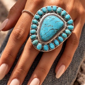 Large Turquoise Statement Ring Western Style Flat Oval Stone Cluster Ring