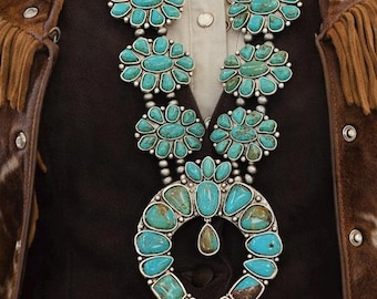 Turquoise Squash Blossom Necklace, Western Statement Jewelry, Natural Stone Pendant