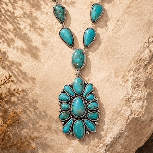 Turquoise Statement Necklace, Western Squash Blossom Natural Stone Necklace, Vintage Jewelry