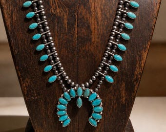 Turquoise Squash Blossom Necklace, Western Necklace, Natural Stone Statement 730993