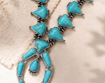 Turquoise Squash Blossom Necklace, Western Double Strand Beaded Necklace, Natural Stone Statement Necklace, Navajo Style Jewelry 733168