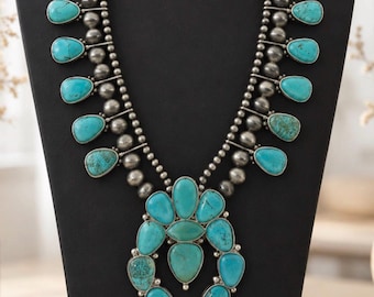 Turquoise Squash Blossom Necklace, Western Statement Necklace, Navajo Style Beaded Necklace