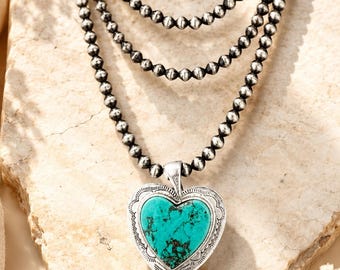 Navajo Bead Necklace with Turquoise Heart Pendant