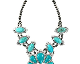 Turquoise Squash Blossom Necklace, Western Navajo Style Statement Necklace, Vintage Southwestern Jewelry