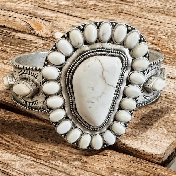White Turquoise Cuff Bracelet, Western Statement, Southwestern Boho Jewelry, Adjustable Silver Tone
