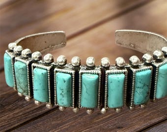 Wide Turquoise Cuff Bracelet – Western Statement C Cuff, Vintage Silver Tone 710922
