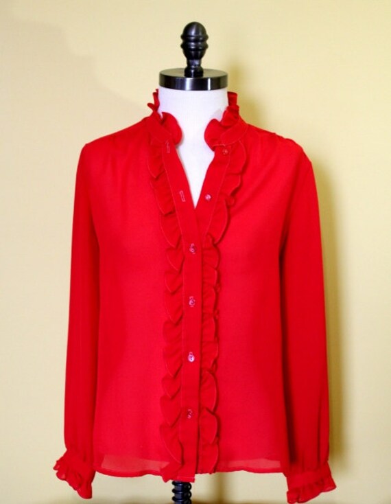 70s Red Blouse Vintage Secretary Shirt Winen Small Ruffled | Etsy