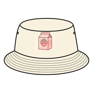 Chapéu de balde rosa pastel kawaii caixa de leite com morango sorridente estilo minimalista de desenho animado, chapéu de sol de verão fofo, boné de praia divertido, exclusivo para mulheres
