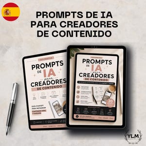 Może przedstawiać: Dwa tablety cyfrowe z tekstem "PROMPTS DE IA PARA CREADORES DE CONTENIDO" w kolorze czarnym i różowym. Po lewej stronie leży srebrny długopis. Tablety zawierają przewodniki po tworzeniu treści z ChatGPT i Gemini.