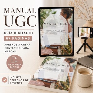 Może przedstawiać: Zestaw produktów cyfrowych z tabletem i drukowanym podręcznikiem zatytułowanym MANUAL UGC, z tekstem wskazującym na 67-stronicowy cyfrowy przewodnik tworzenia treści dla marek, zawierający prawa do odsprzedaży oraz ikonę pobierania.