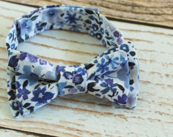 Handmade boys blue floral cotton bow tie with adjustable strap