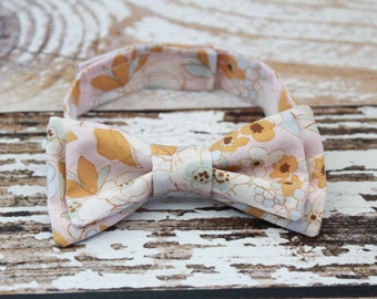 Handmade boys floral pink and mustard bow tie with adjustable strap