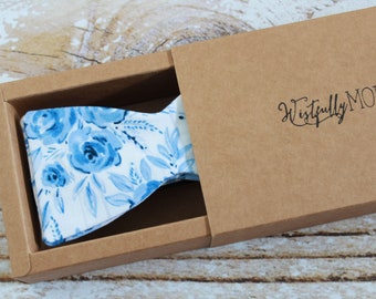 Handmade men's french florals bow tie in blue and white