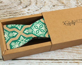 Handmade men's tile motif bow tie in green and terra cotta