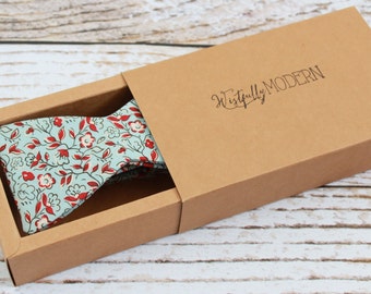 Handmade men's ditsy floral burgundy and blue self tie bow tie