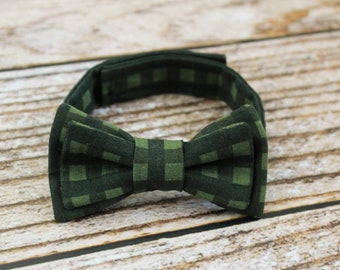 Handmade baby boys forest green plaid bow tie with adjustable strap